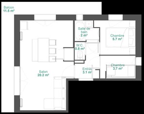 Ein Grundriss mit Balkon, Badezimmer, WC, Wohnzimmer, Essbereich, Küche und Schlafzimmer.