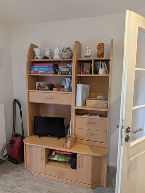 Ein Zimmer mit einem Holzbemühungszentrum, einem Fernseher, einem Staubsauger und einer Tür.