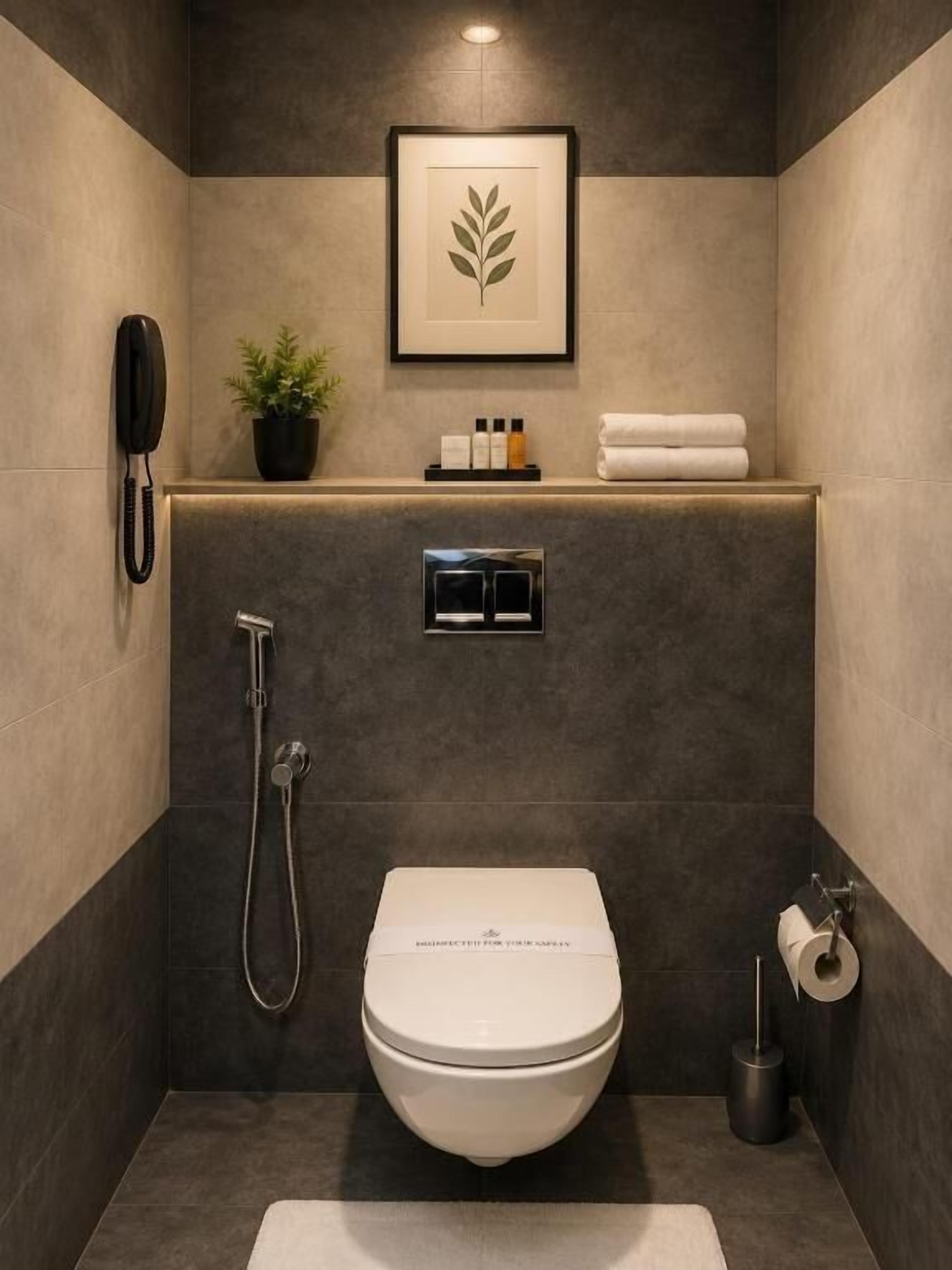 Une salle de bain moderne équipée de toilettes, d’une douche, d’un téléphone et d’une plante décorative dans un cadre.