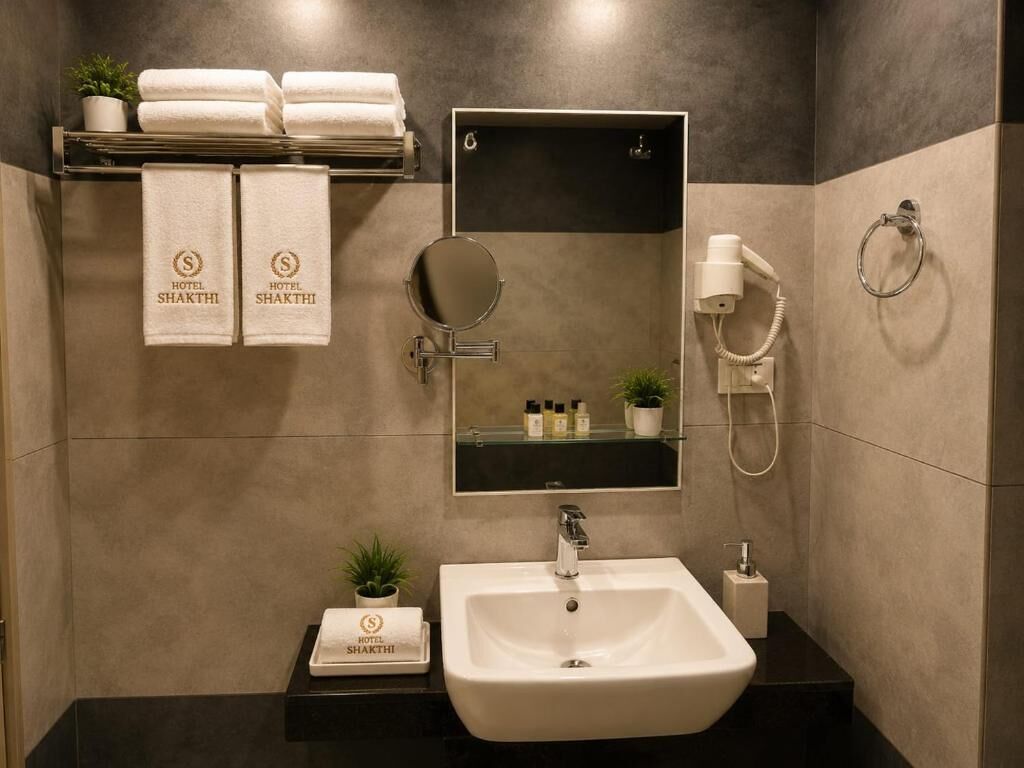 A modern bathroom with a white sink, a mirror, a towel rack with towels, a handheld showerhead, and a small plant on the counter.