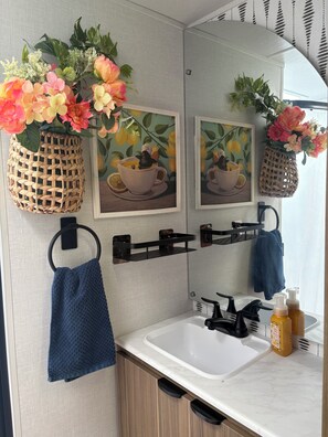 Hair dryer, towels, soap, toilet paper