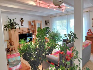 Ein Wohnzimmer mit Fernseher, Holzmöbeln und mehreren Blumentöpfen.