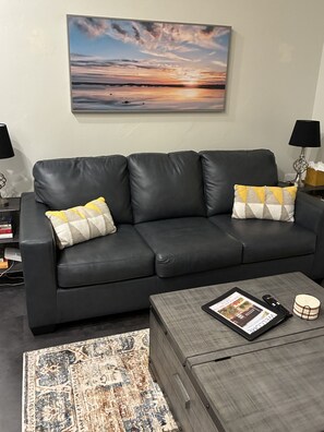 Una sala moderna con un sofá de cuero negro, dos cojines decorativos estampados, una mesa de centro gris con una revista, un control remoto y un objeto decorativo.