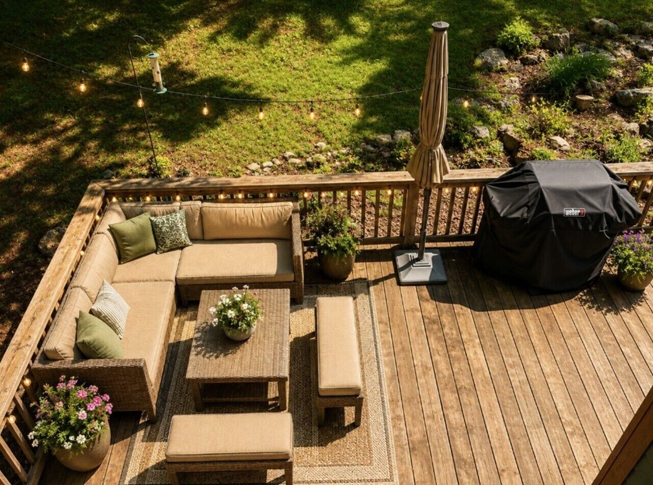 Um terraço com sofá, mesa e churrasqueira.