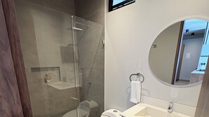 Uma casa de banho moderna com cabine de duche em vidro, sanita, lavatório com espelho e armários em madeira.