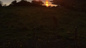 A sunset over a body of water with a grassy foreground and a fence. - The Lava Hills - Girolata (Appietto)