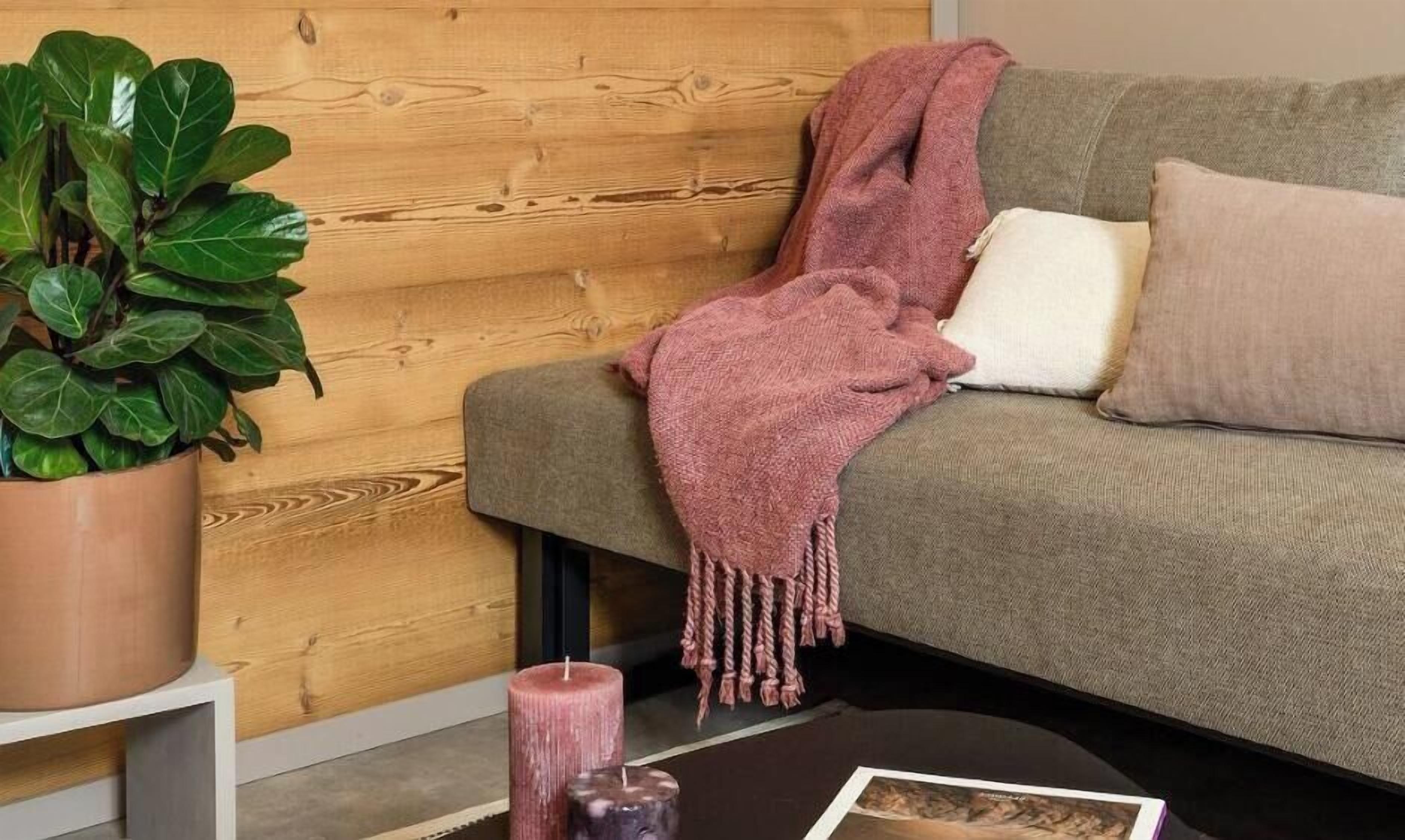A cozy living area with a wooden wall, a grey sofa, a pink throw blanket, and a green plant.