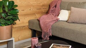 A cozy living area with a wooden wall, a grey sofa, a pink throw blanket, and a green plant. - Porto Chalet - Cozy & Modern, Sleeps 6 (Appietto)