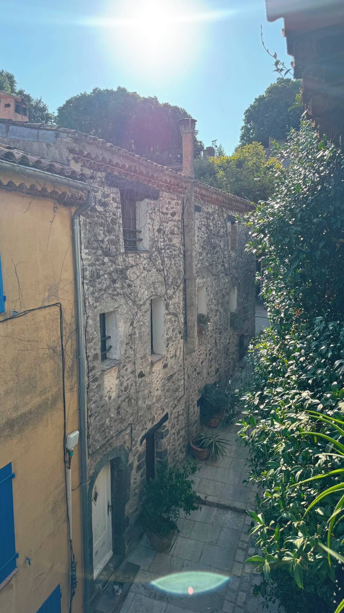 Un patio con edificios de piedra, una pequeña fuente y plantas en macetas.