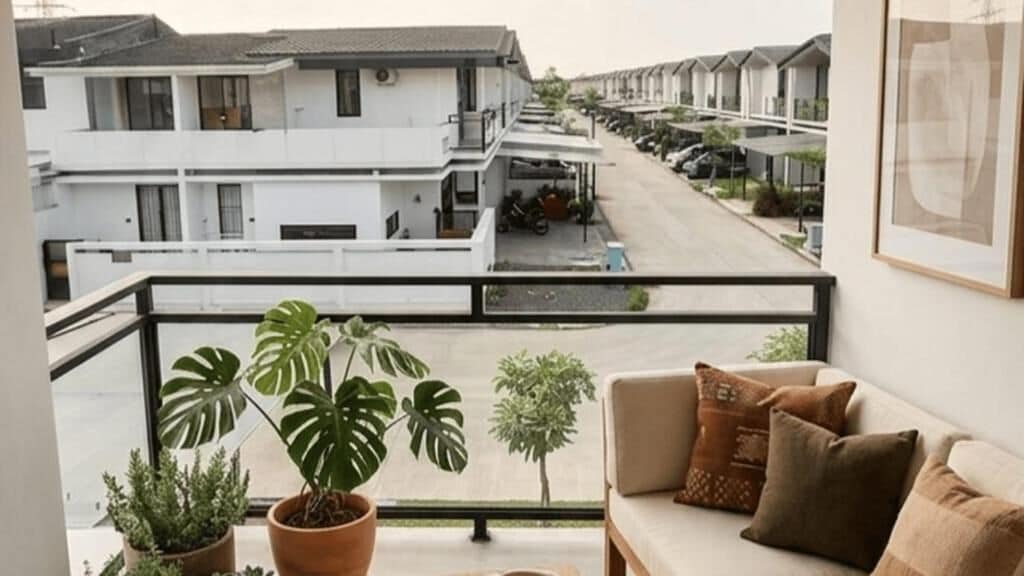 A balcony with a view of a residential street, a sofa with cushions, and potted plants.