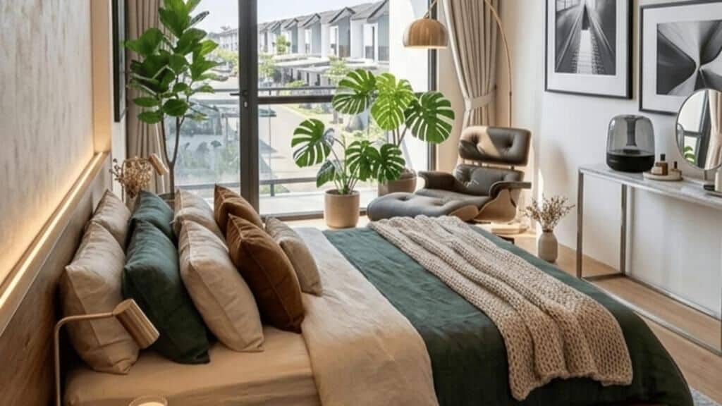 A modern bedroom with a large bed, multiple pillows, a view of the outside, a chair, a side table, and a potted plant.