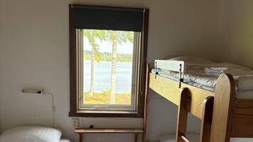 Ein kleines, gemütliches Zimmer mit einem Etagenbett, einem Schreibtisch und einem Fenster mit Blick auf einen See.