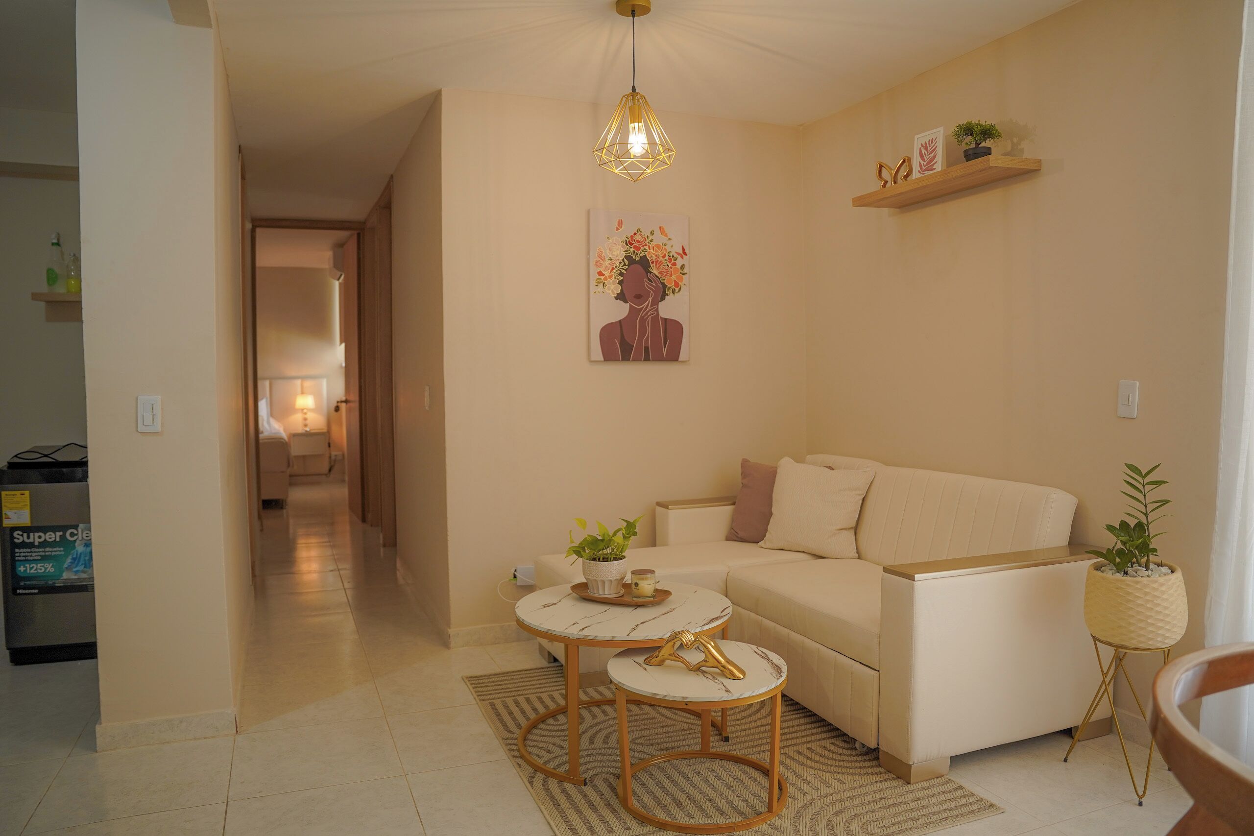 Un salon avec un canapé, une table basse, un tapis et un tableau accroché au mur.