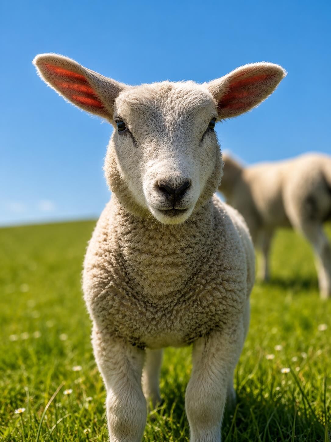 Ein Schaf steht auf der Wiese, im Hintergrund ein klarer, blauer Himmel.