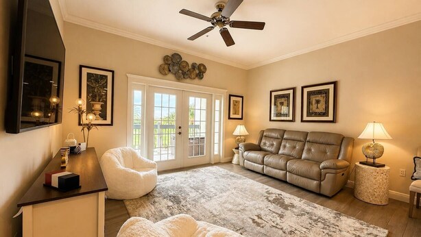 A living room with a ceiling fan, a sofa, a white pouf, a coffee table, and a rug. - 3BR Reunion Resort Pool & Golf Views Near Disney (Kissimmee)