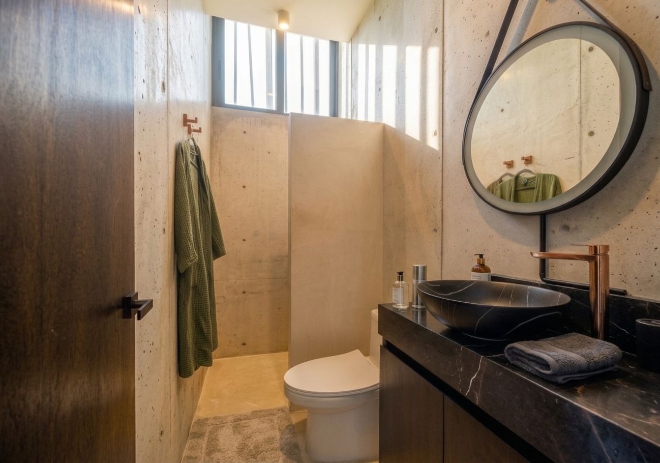 Un baño con inodoro, lavamanos y espejo.