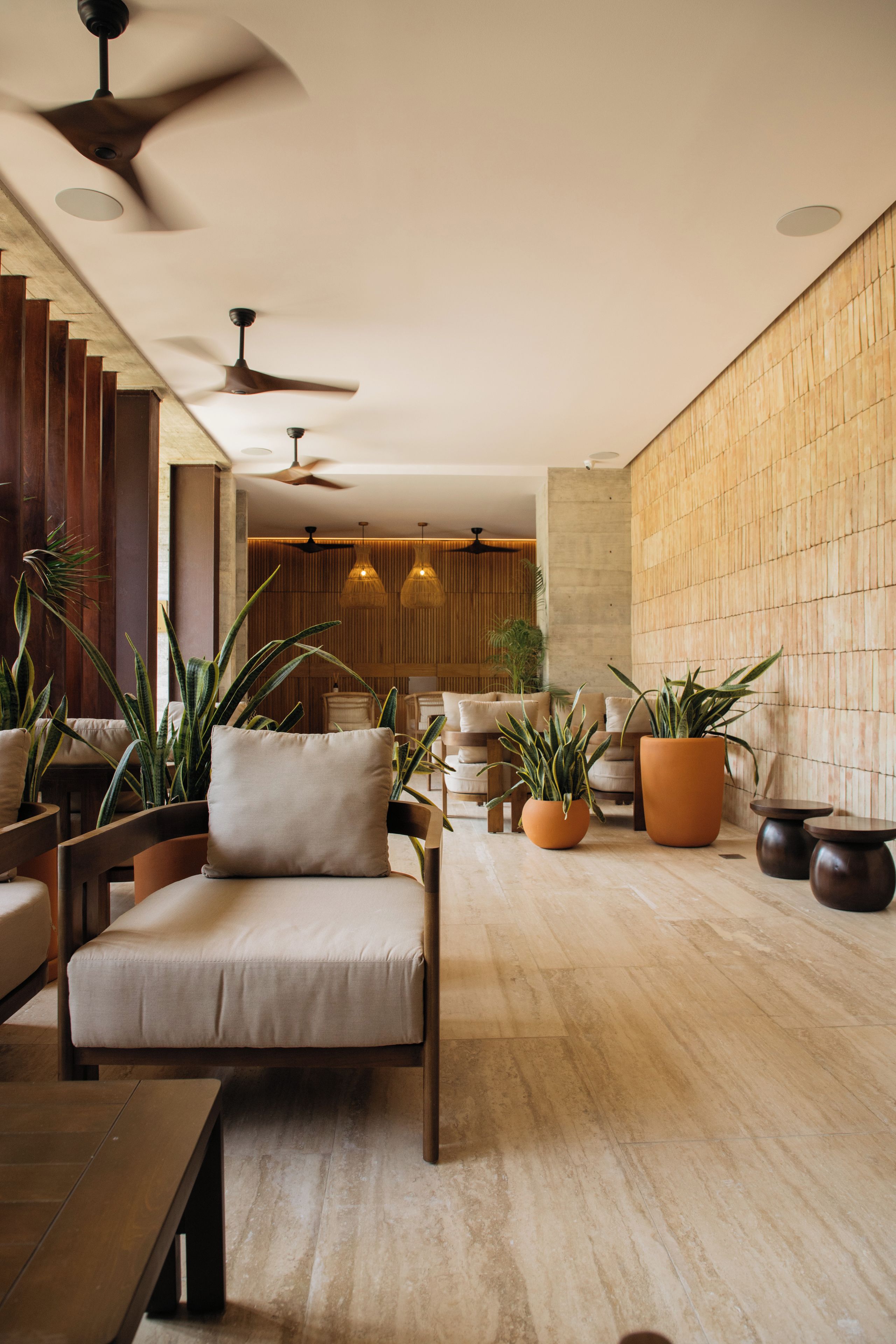 A modern interior with a sofa, potted plants, and a wooden wall.