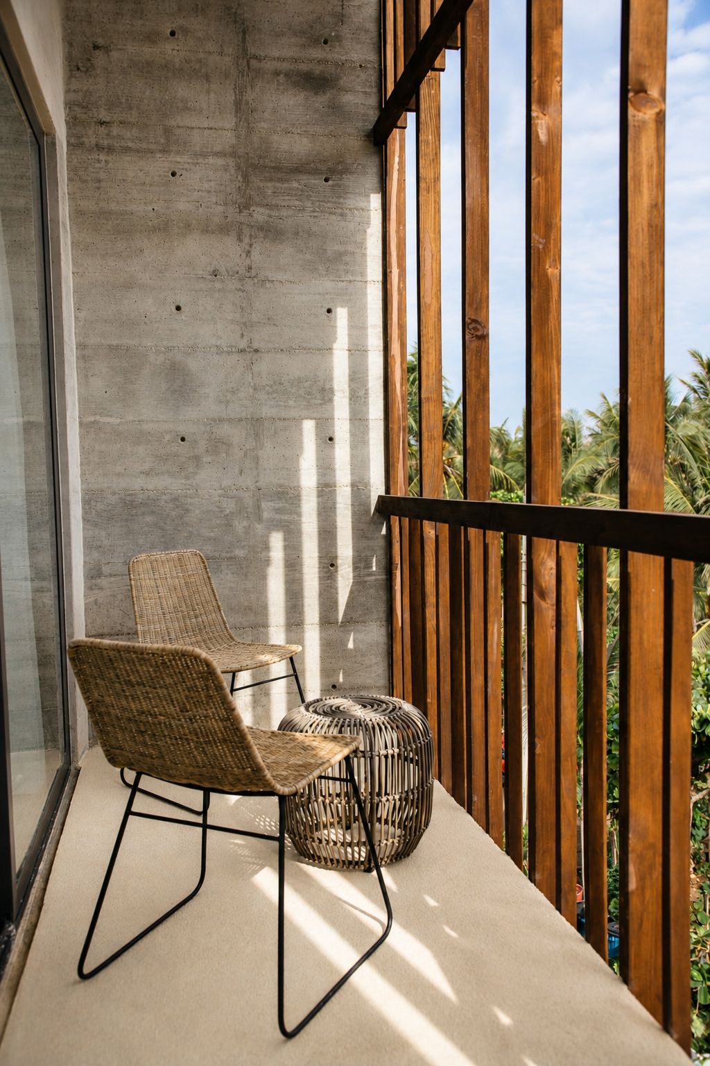 Un balcón con dos sillas de mimbre, un taburete tejido, un muro de concreto y barandilla de madera con vistas a la vegetación.