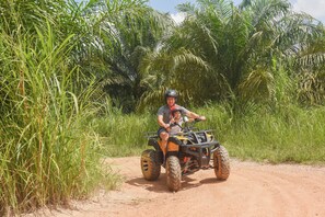 A person riding an ATV on a dirt path surrounded by tall grass and palm trees.