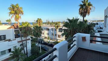 A balcony with a view of the sea, palm trees, and a street with cars.