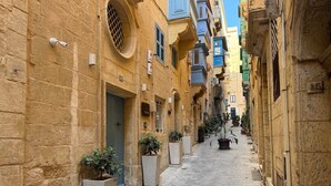Una calle estrecha con edificios de piedra, plantas en macetas y cielo despejado.
