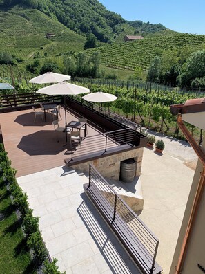 Eine Terrasse mit Sitzgelegenheiten im Freien, eine Steinmauer und Blick auf einen Weinberg.