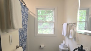A bathroom with a toilet, sink, and shower area. - NewFound LakeHouse! 225' totally PRIVATE Sandy Beach! W-O-W!  (Bristol)
