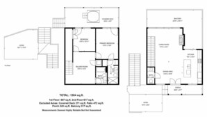 A floor plan of a 2-story building with a covered deck, patio, living room, kitchen, dining area, and bathroom. - Hillside Retreat, Modern 2BR Cabin | Hot Tub, Pool Table & Fire Pit (Sevierville)