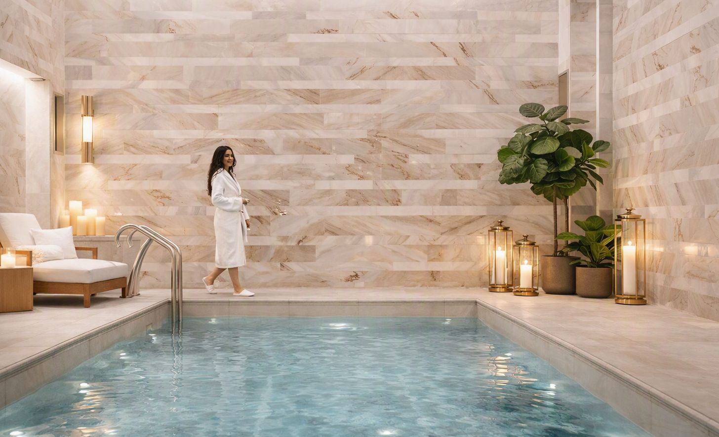 Ein Spa-Bereich mit Pool, Marmorwand, Liegestuhl, Topfpflanze und Wandleuchten.