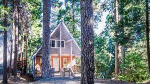 Una baita con tetto a due falde, circondata da alberi alti e un patio in legno che conduce all'ingresso.