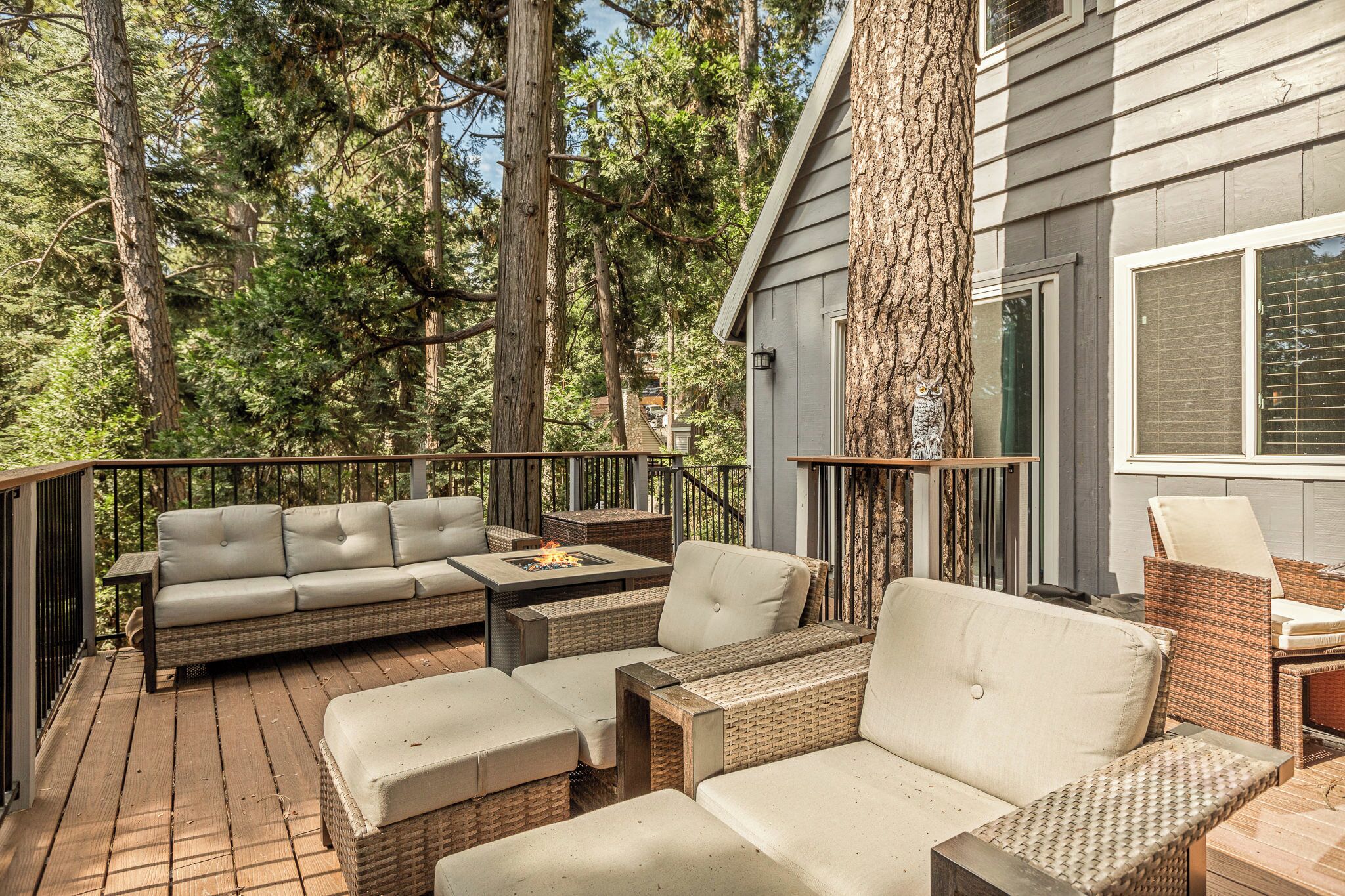 A deck with outdoor furniture, including sofas and a coffee table, surrounded by trees.