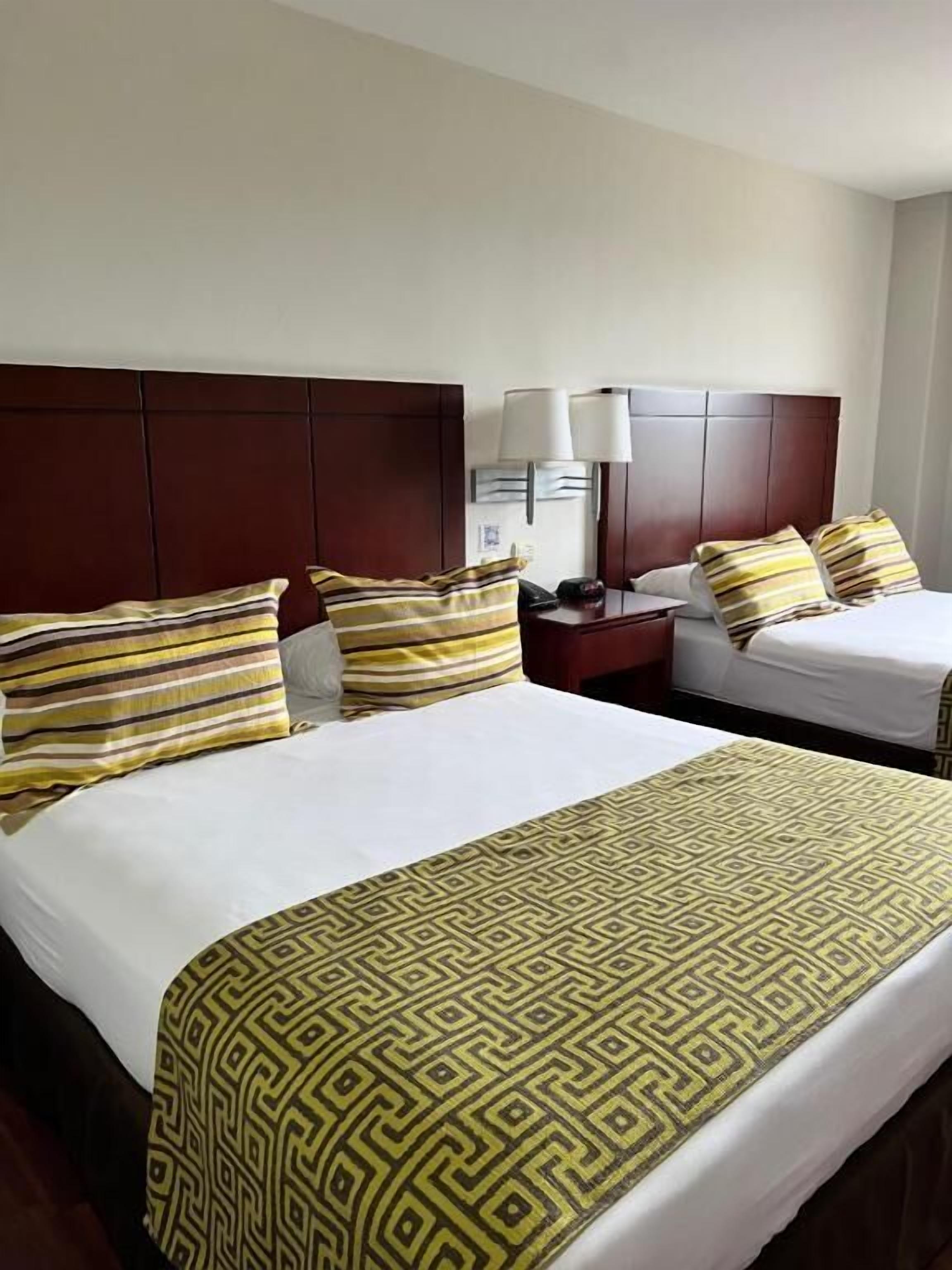 A hotel room with two beds, each with a patterned bedspread and pillows. There is a nightstand with a lamp between the beds.