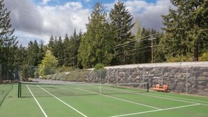 Ein Tennisplatz mit einer Steinmauer und Bäumen im Hintergrund.