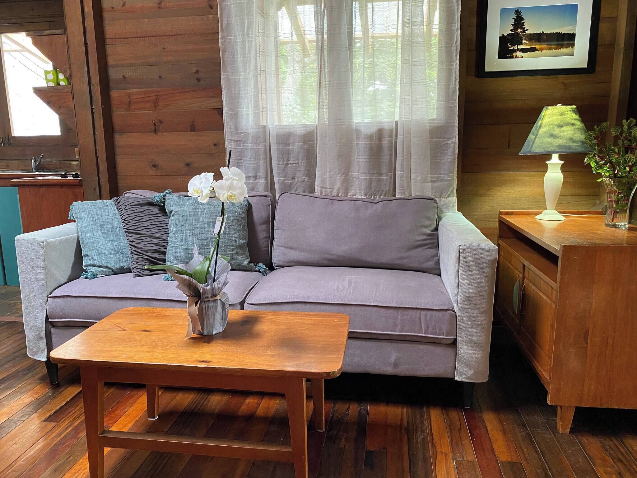 A cozy living room with a sofa, a small wooden table, and a vase with flowers.