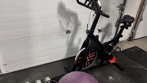 Ein stationäres Fahrrad, ein violetter Gymnastikball und eine schwarze Gewichtbank mit 'WEIDER'-Branding.