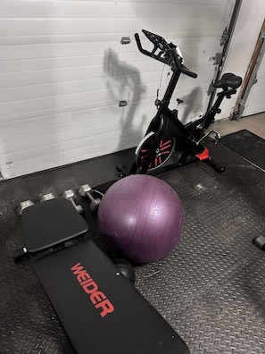 Ein stationäres Fahrrad, ein violetter Gymnastikball und eine schwarze Gewichtbank mit 'WEIDER'-Branding.