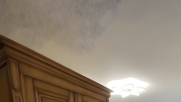 Une chambre à coucher avec une grande armoire, un lit avec des oreillers, une table de chevet et une fenêtre avec des rideaux.