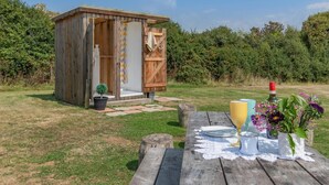 Una estructura de madera con una puerta, una mesa de picnic con platos y una botella, y una planta en maceta.
