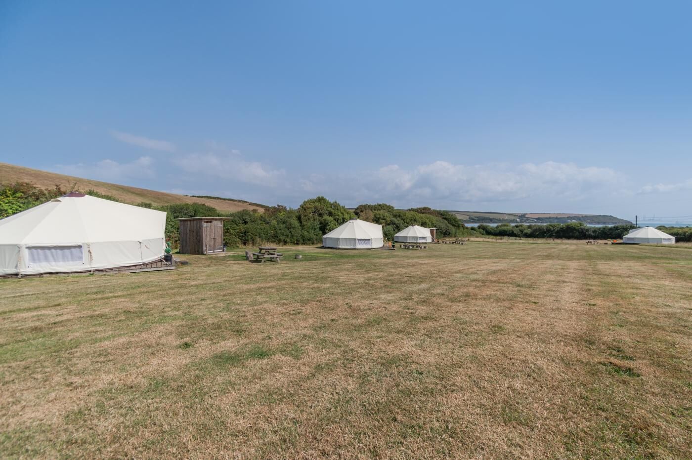 Jurten in een grasveld onder een heldere lucht.