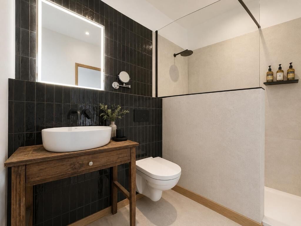 Habitación estándar doble | Baño | Ducha, artículos de higiene personal gratuitos y secador de pelo