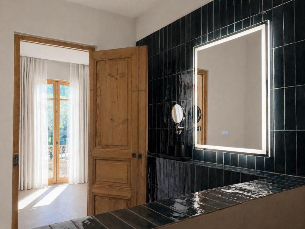A bathroom with a wooden door, a black tiled wall, a mirror, and a light fixture.