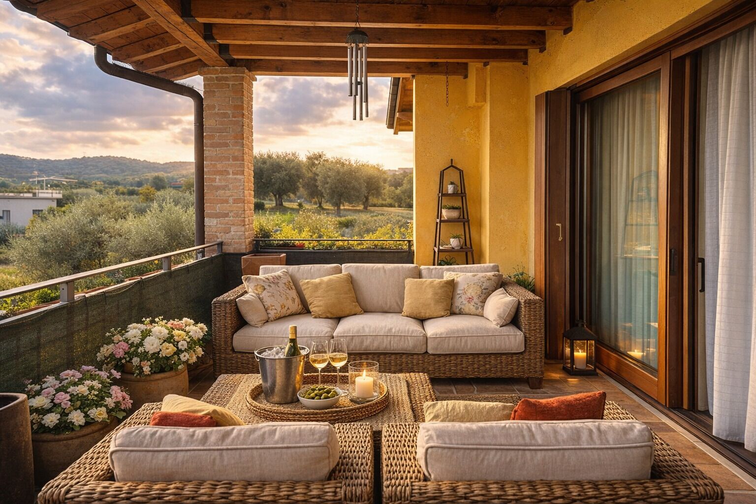 Ein Balkon mit einer Rattan-Couch, einem Tisch mit Flasche und Gläsern sowie Blick auf die Landschaft.