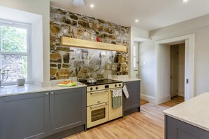 Eine moderne Küche mit Steinwand, eingebautem Ofen und Holzboden.