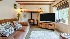 Een gezellige woonkamer met een bruine leren bank, een flatscreen-tv, een houten entertainmentkast en een stenen open haard.