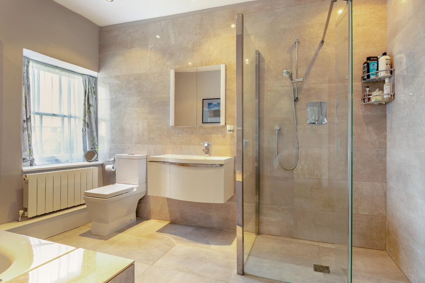 A modern bathroom with a glass-enclosed shower, a toilet, a sink, and a mirror.