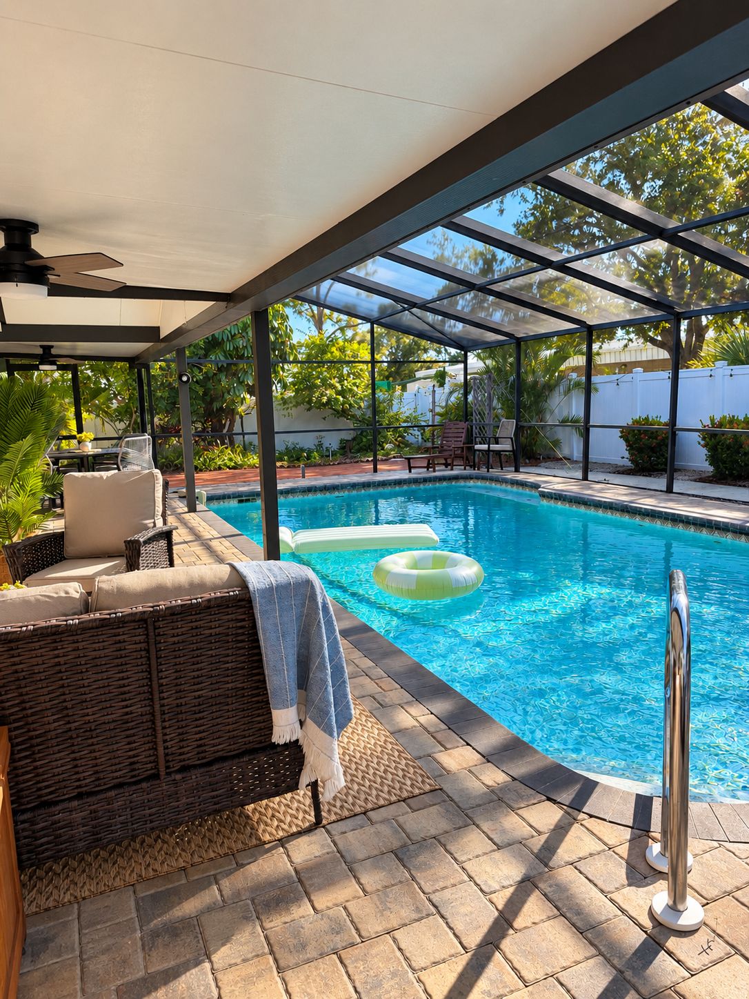 Ein überdachter Poolbereich im Freien mit Liegestühlen und einer Pergola.