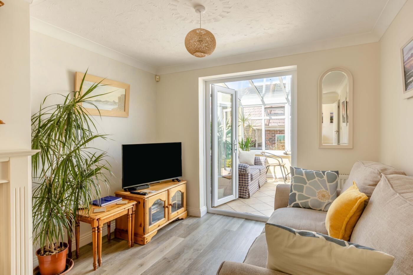 A living room with a television, a potted plant, and a sofa.