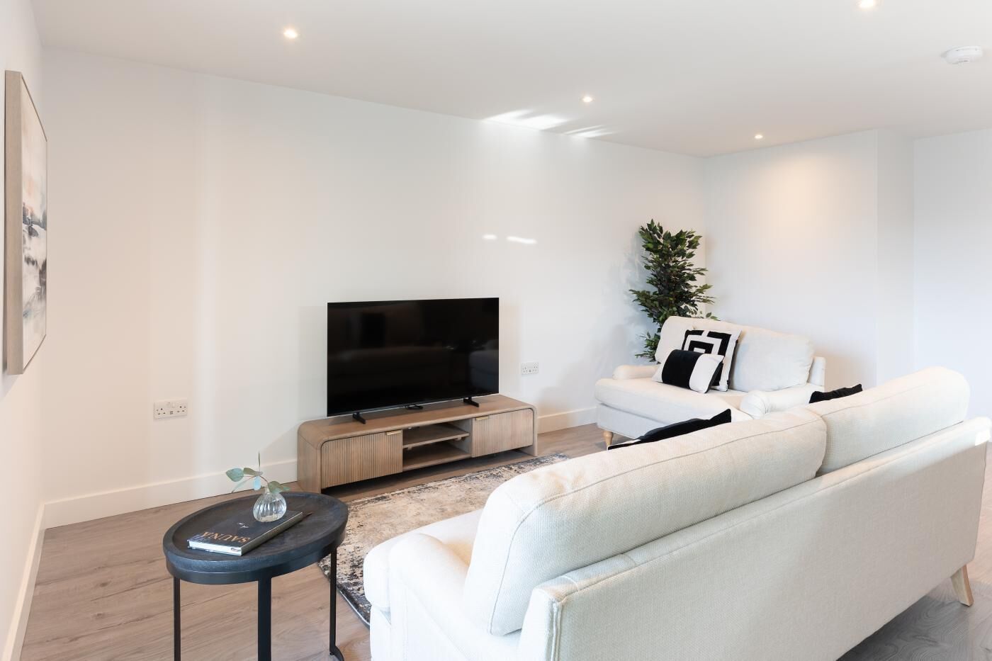 A modern living room with a flat-screen TV, a white sofa, a small side table, and a potted plant.