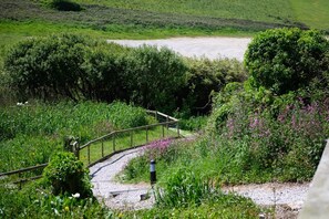 Ein Kiesweg führt zu einer Holzbrücke über ein Gewässer, umgeben von üppigem Grün und Wildblumen.