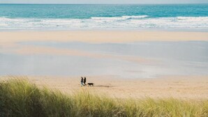 A beach with two people and a dog walking on the sand, with the ocean in the background. - 2 Bed in Fistral (oc-b625209) (Newquay)
